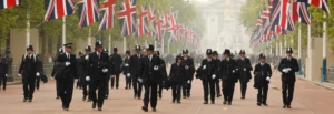 An image of 20 or so police officers at a jubilee event on the Mall in front of Buckingham Palace, with only one female police officer. Highlighting a lack of diversity of officers.