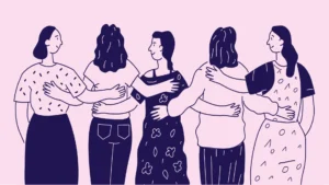 A graphic illustration of 5 women representing a menopause support group as part of a workplace wellbeing approach.