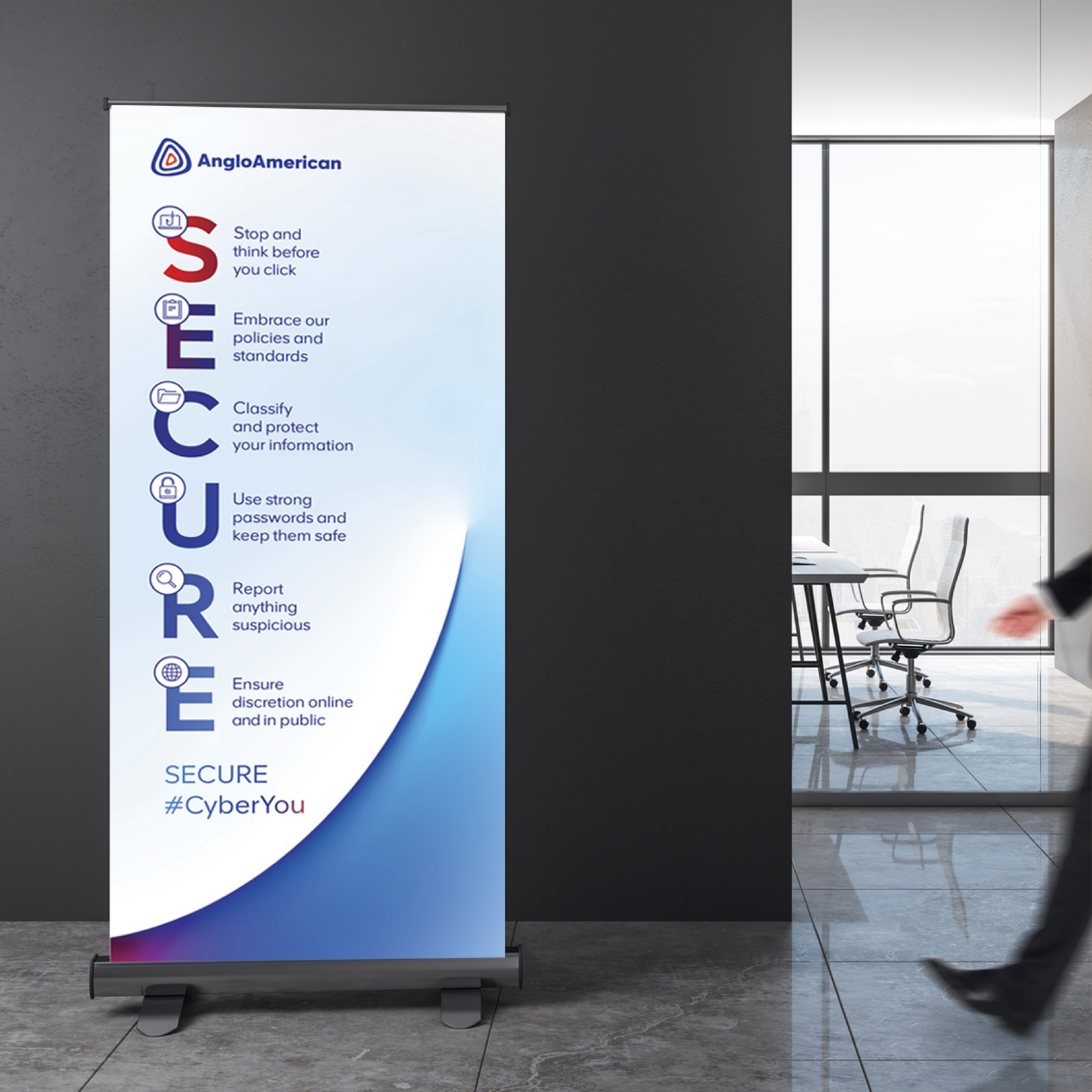 A banner in a workplace outlining the Anglo American SECURE principles to keep their people cyber safe.