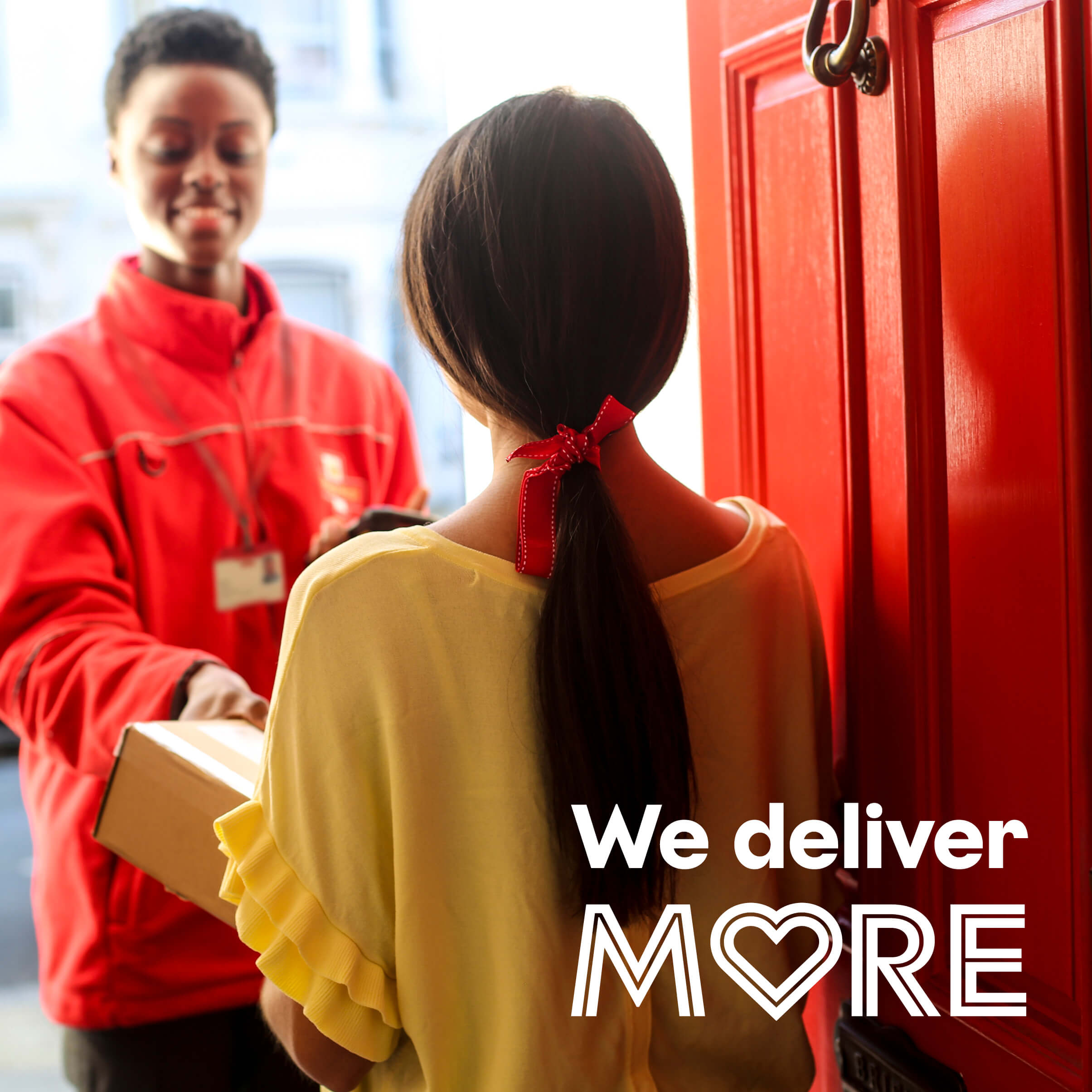EVP campaign for Royal Mail. Image shows a parcel being delivered to someone at their front door.