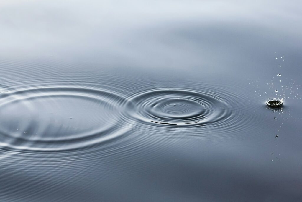 A droplet in water and the ripple effects caused by the droplets, signifying the reaction and ripple of external macro change on organisational transformation.