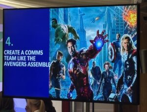 Image of the Avengers superheroes projected onto a TV screen at the IOIC Festival 2025