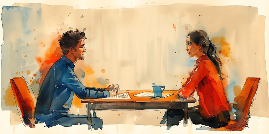 Illustration man and woman talking over an office desk