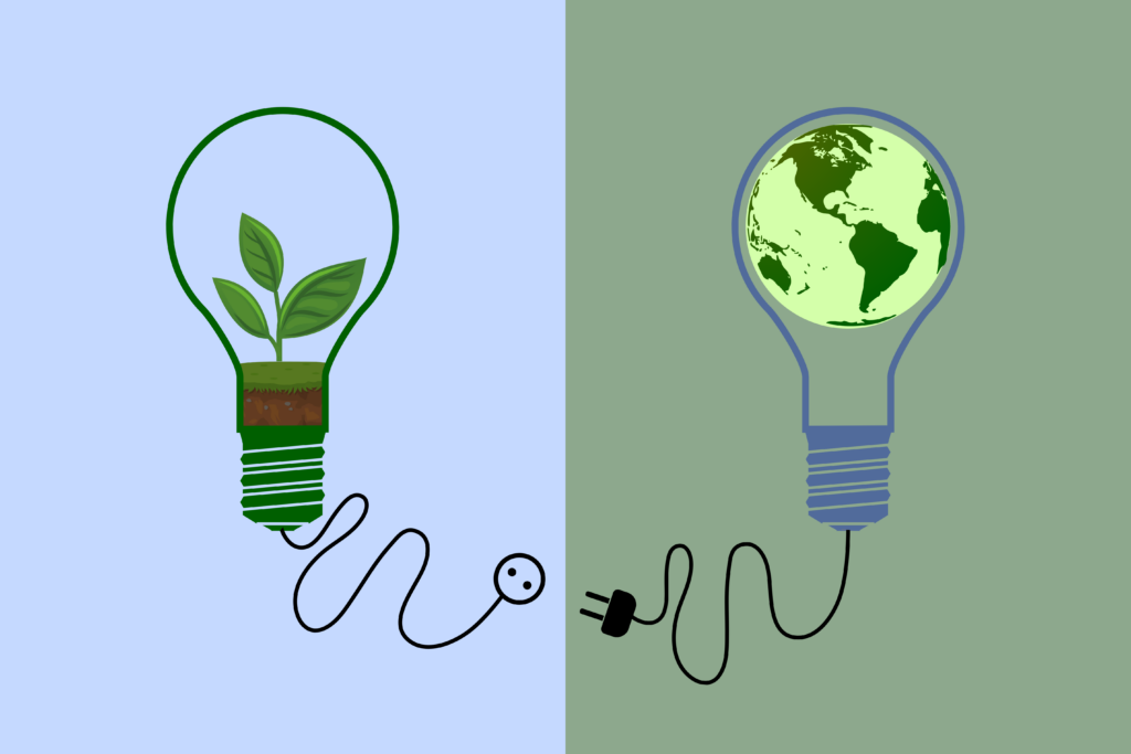 Sustainability graphic of a lightbulb and the globe
