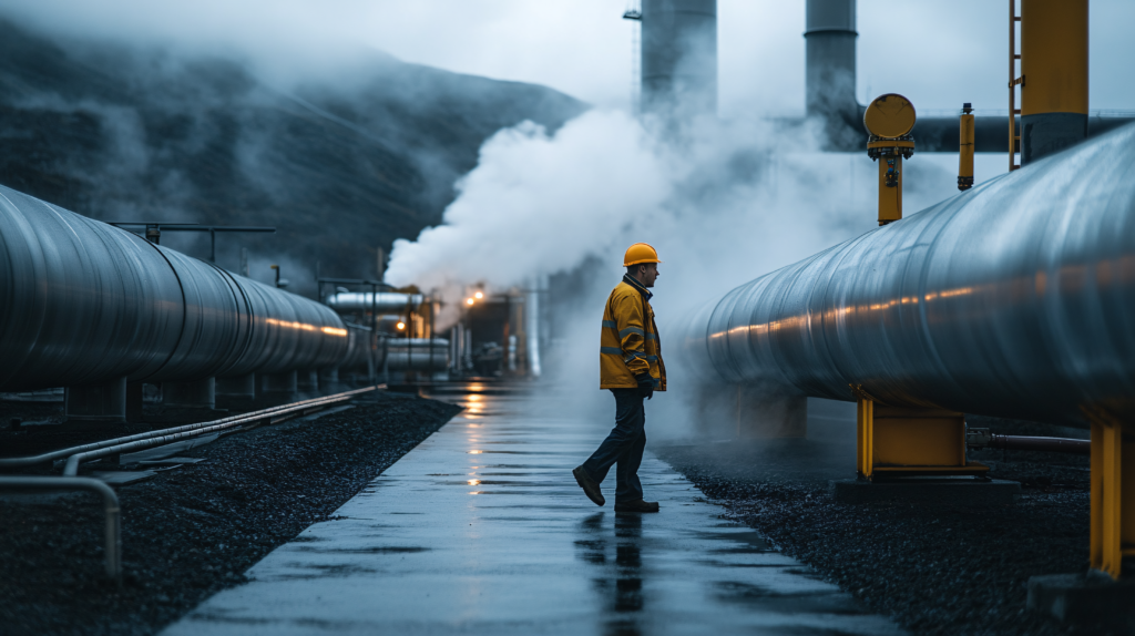 Generic oil and gas image of man on site standing between large pipes.