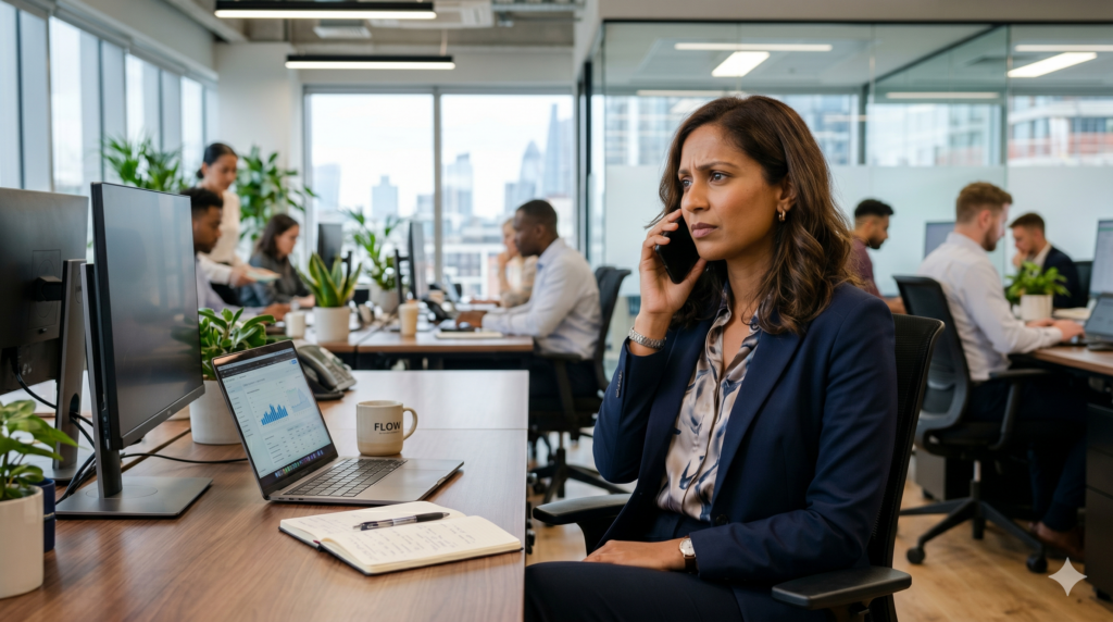 Woman listening to mobile phone looking concerned in an office