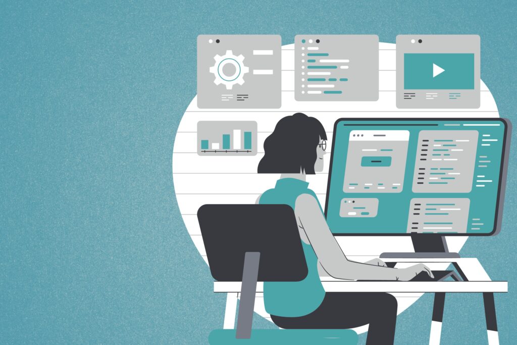 Illustration of employee at desk with computer screens
