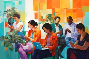 Illustration of office workers on laptops and mobile phones